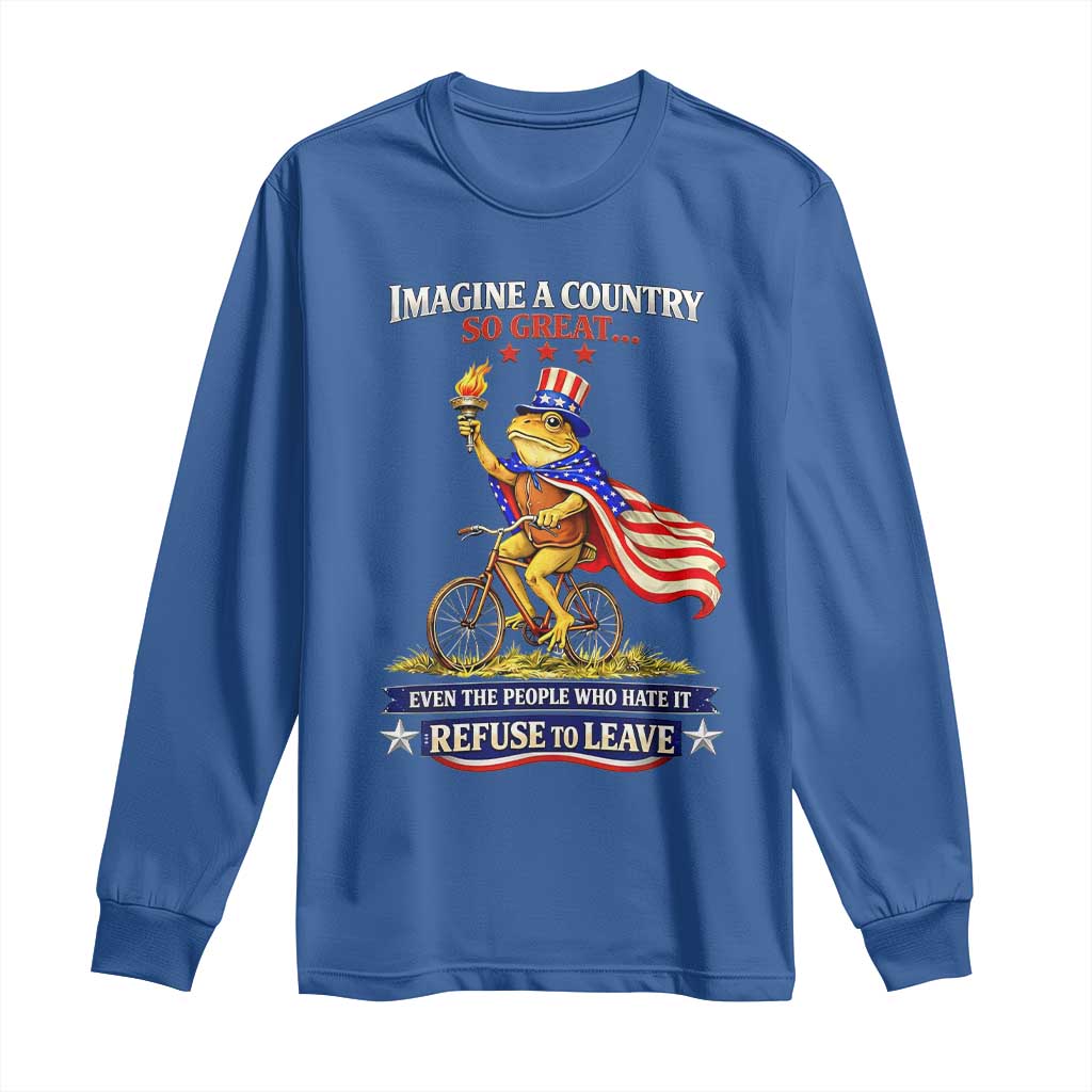 Proud American Humor Patriotic Frog On Bicycle Graphic Long Sleeve Shirt Imagine A Country So Great Pride