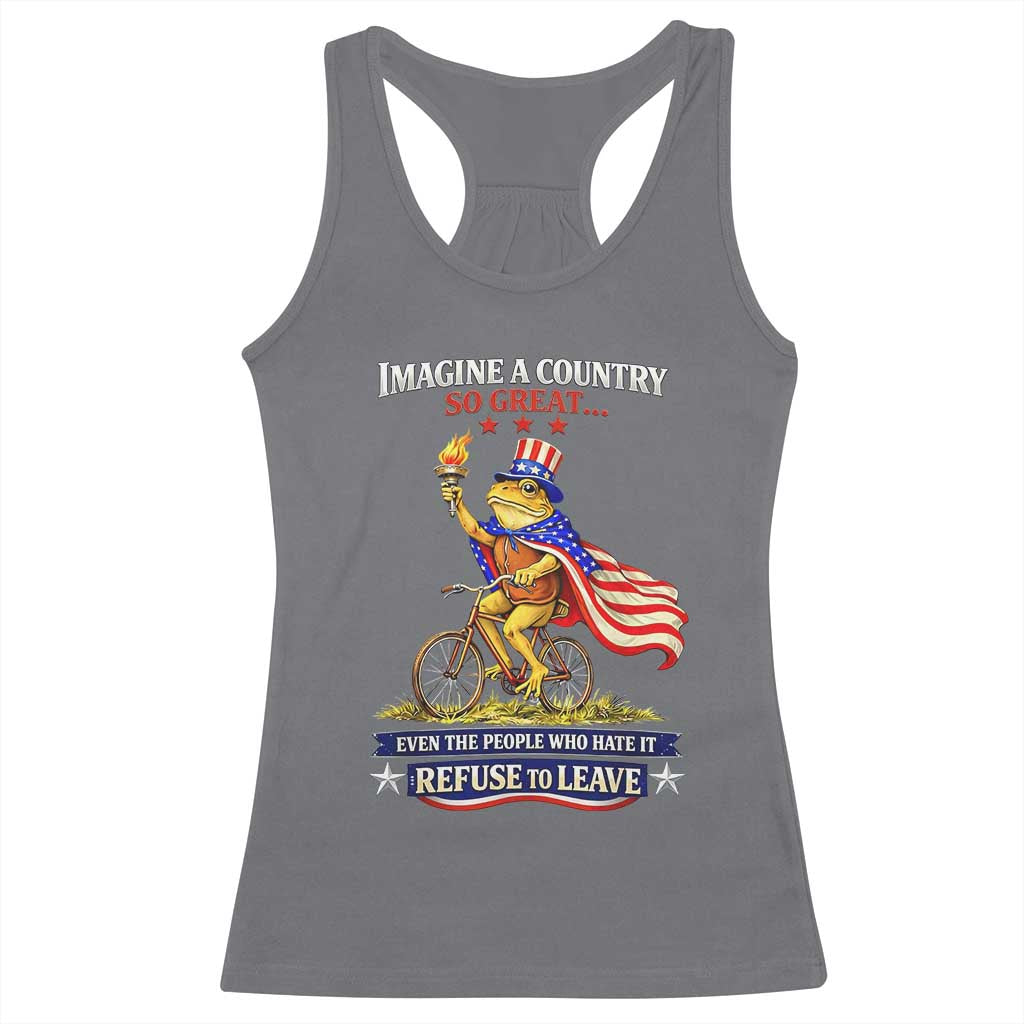 Proud American Humor Patriotic Frog On Bicycle Graphic Racerback Tank Top Imagine A Country So Great Pride