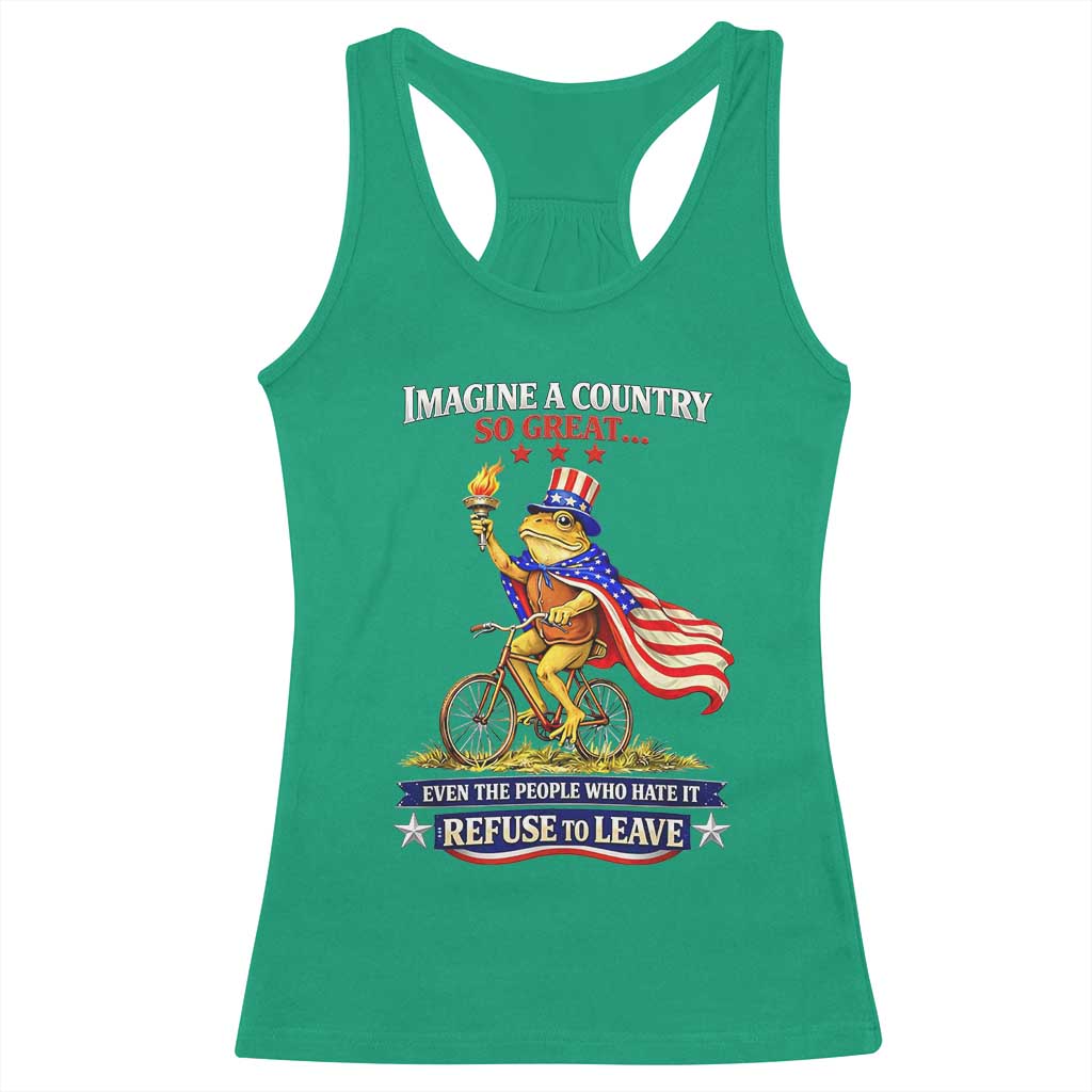 Proud American Humor Patriotic Frog On Bicycle Graphic Racerback Tank Top Imagine A Country So Great Pride