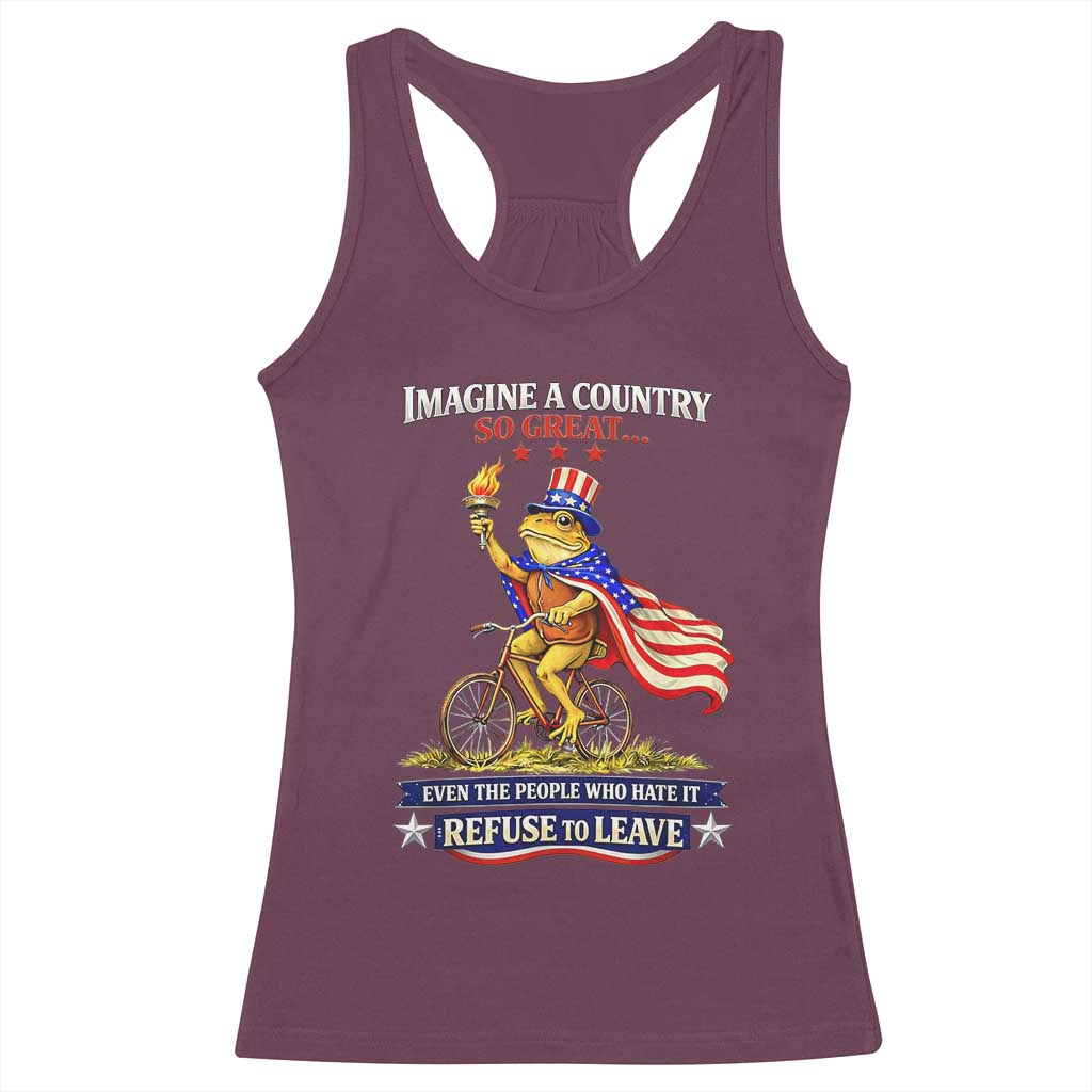 Proud American Humor Patriotic Frog On Bicycle Graphic Racerback Tank Top Imagine A Country So Great Pride