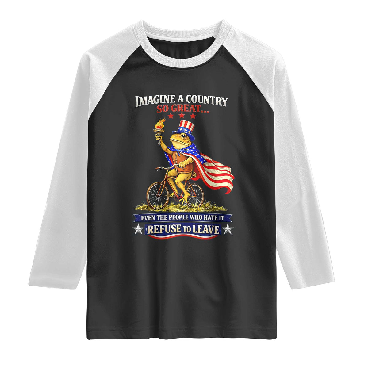 Proud American Humor Patriotic Frog On Bicycle Graphic Raglan Shirt Imagine A Country So Great Pride