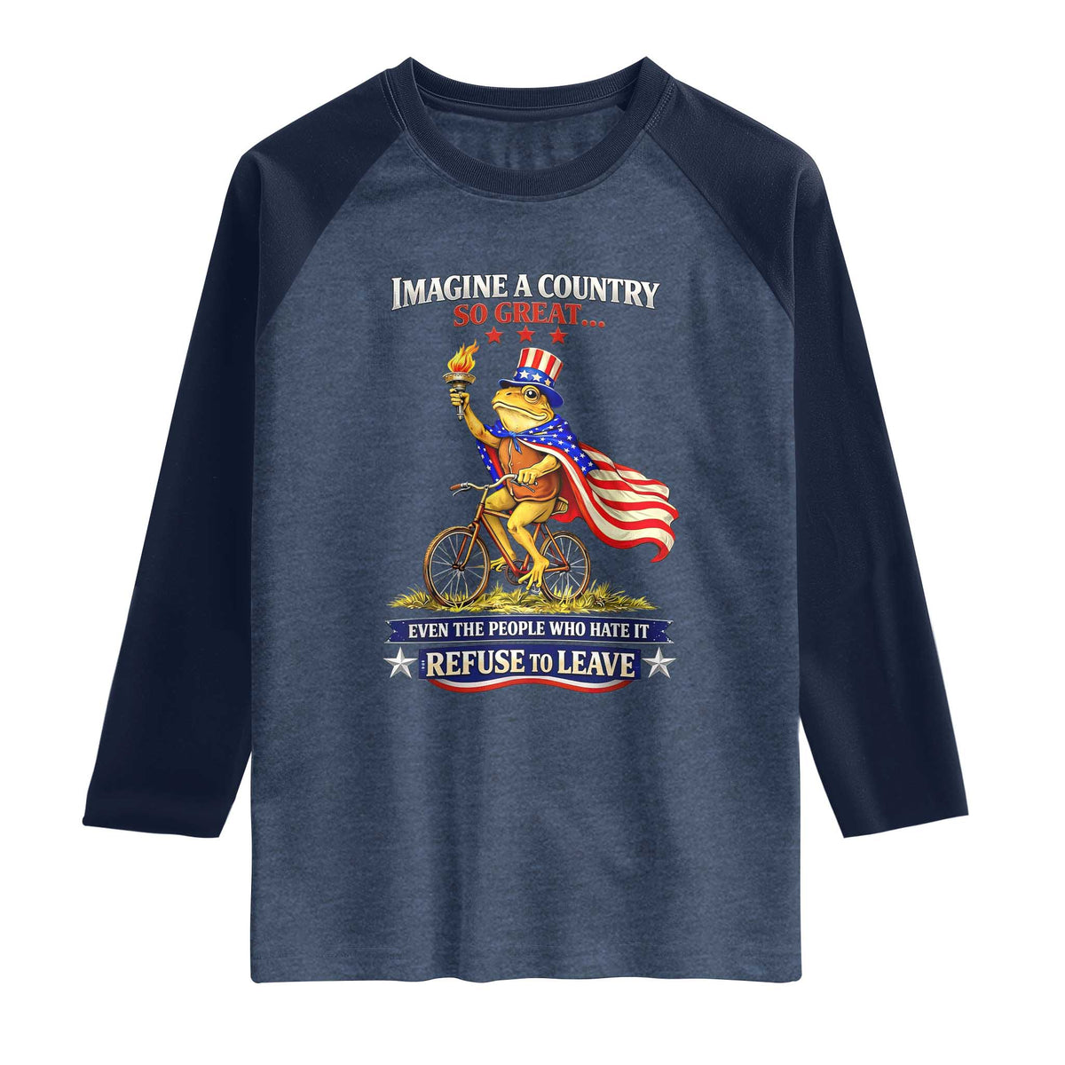 Proud American Humor Patriotic Frog On Bicycle Graphic Raglan Shirt Imagine A Country So Great Pride