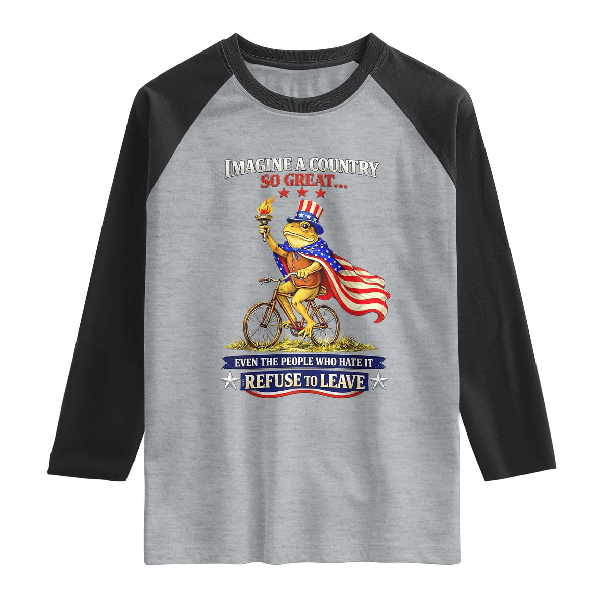 Proud American Humor Patriotic Frog On Bicycle Graphic Raglan Shirt Imagine A Country So Great Pride