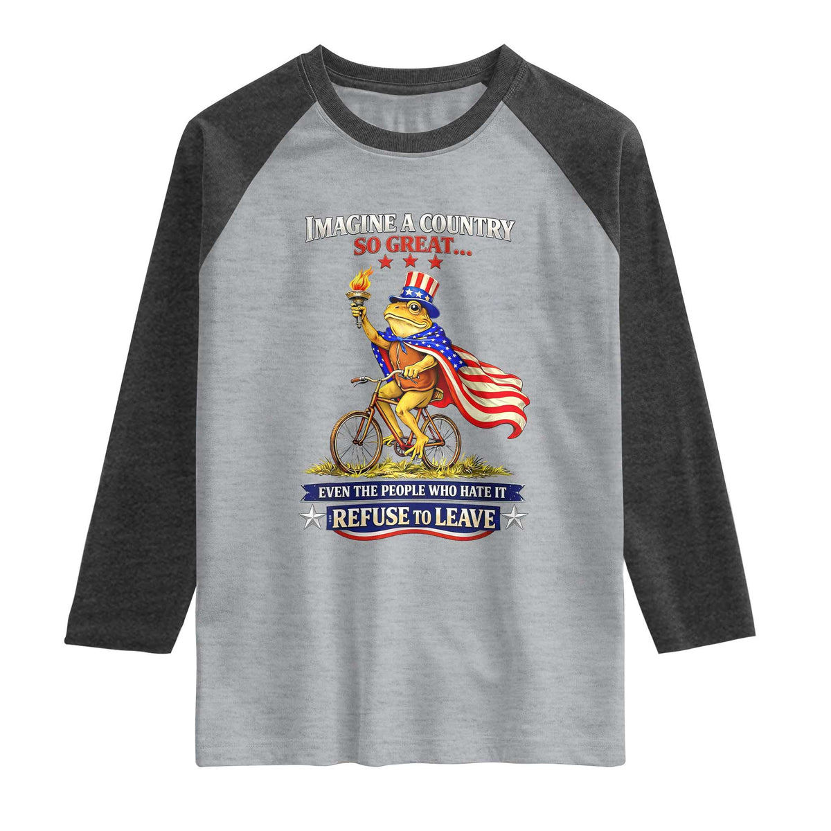 Proud American Humor Patriotic Frog On Bicycle Graphic Raglan Shirt Imagine A Country So Great Pride
