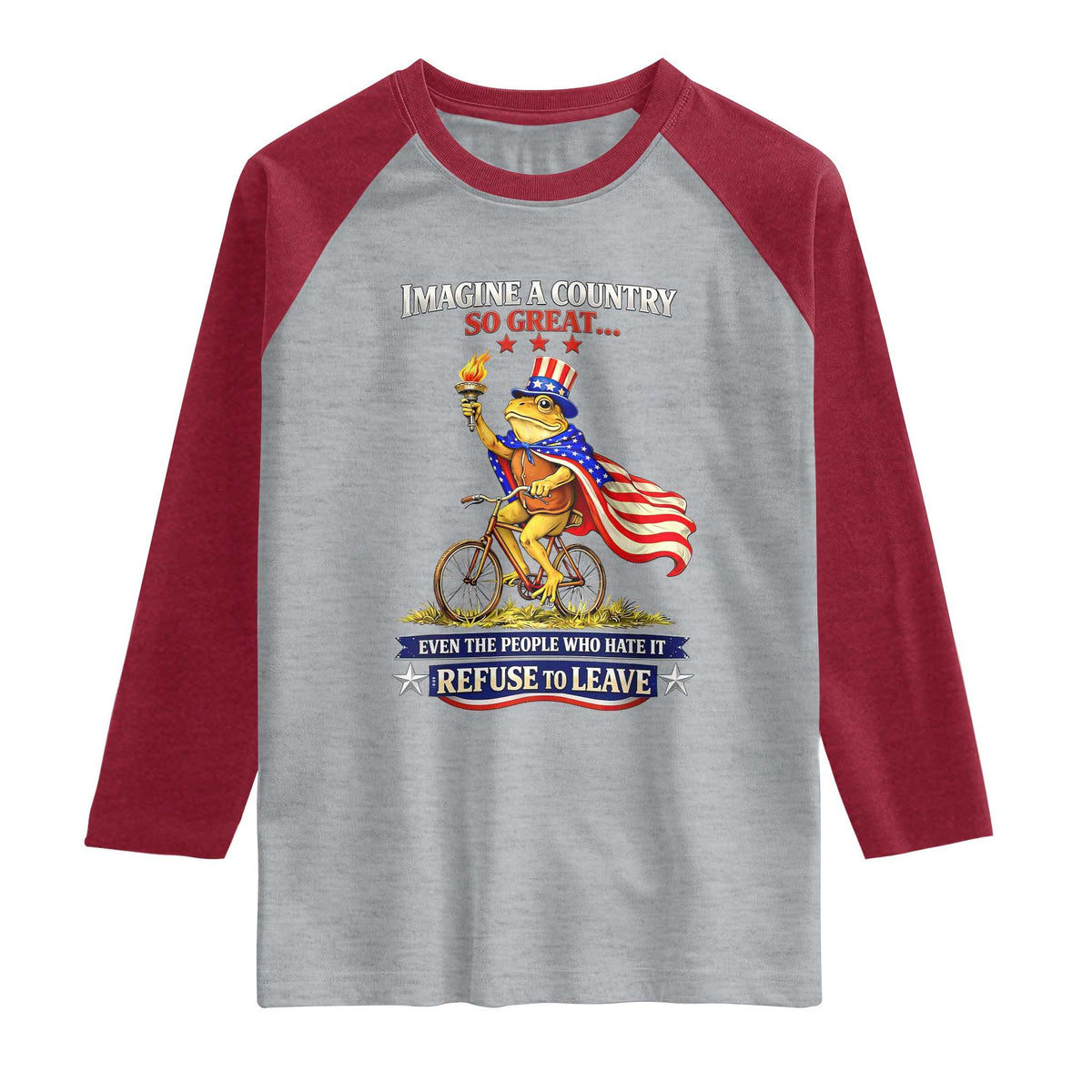 Proud American Humor Patriotic Frog On Bicycle Graphic Raglan Shirt Imagine A Country So Great Pride