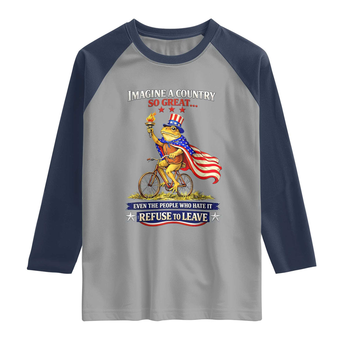 Proud American Humor Patriotic Frog On Bicycle Graphic Raglan Shirt Imagine A Country So Great Pride