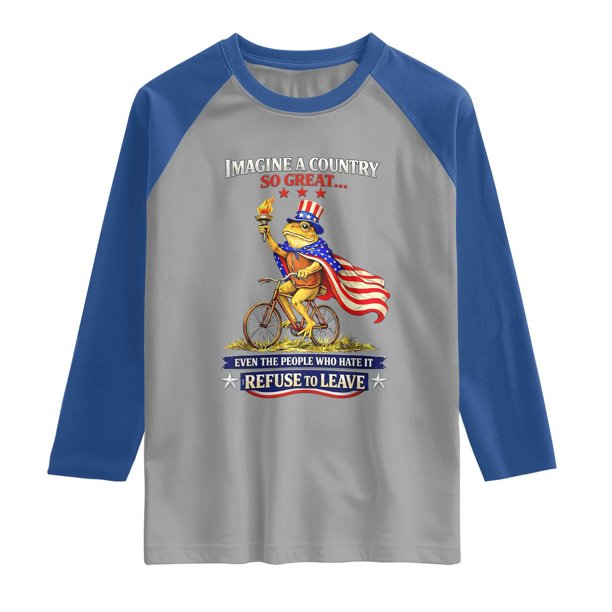 Proud American Humor Patriotic Frog On Bicycle Graphic Raglan Shirt Imagine A Country So Great Pride
