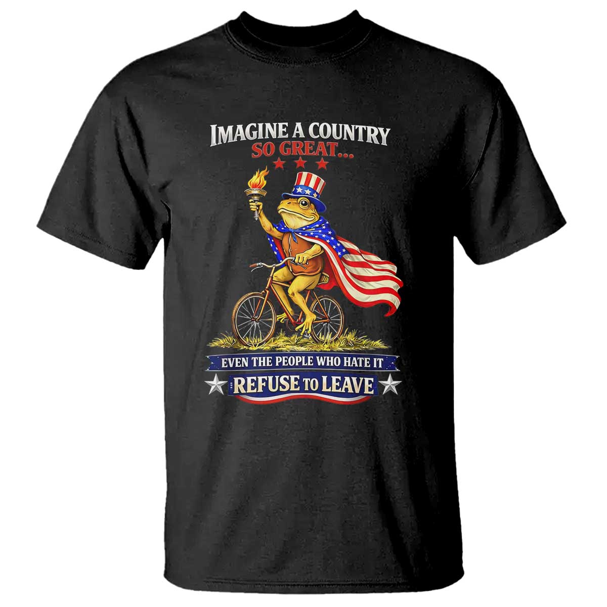 Proud American Humor Patriotic Frog On Bicycle Graphic T Shirt Imagine A Country So Great Pride