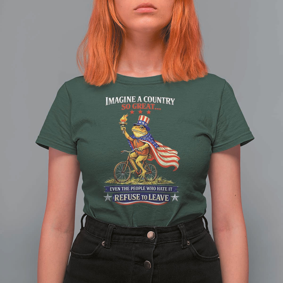 Proud American Humor Patriotic Frog On Bicycle Graphic T Shirt For Women Imagine A Country So Great Pride