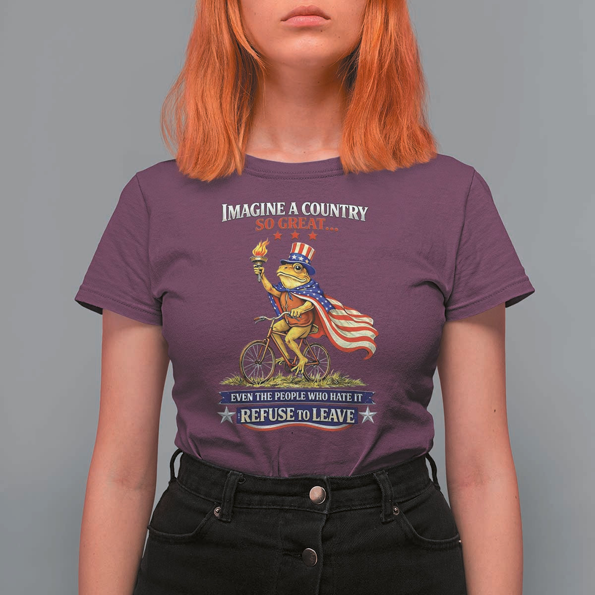 Proud American Humor Patriotic Frog On Bicycle Graphic T Shirt For Women Imagine A Country So Great Pride