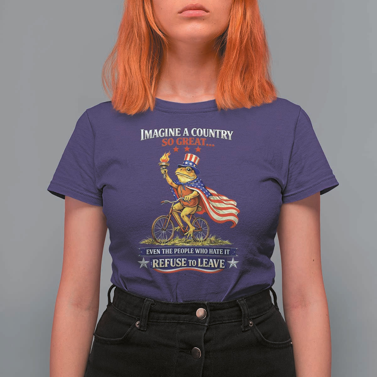 Proud American Humor Patriotic Frog On Bicycle Graphic T Shirt For Women Imagine A Country So Great Pride