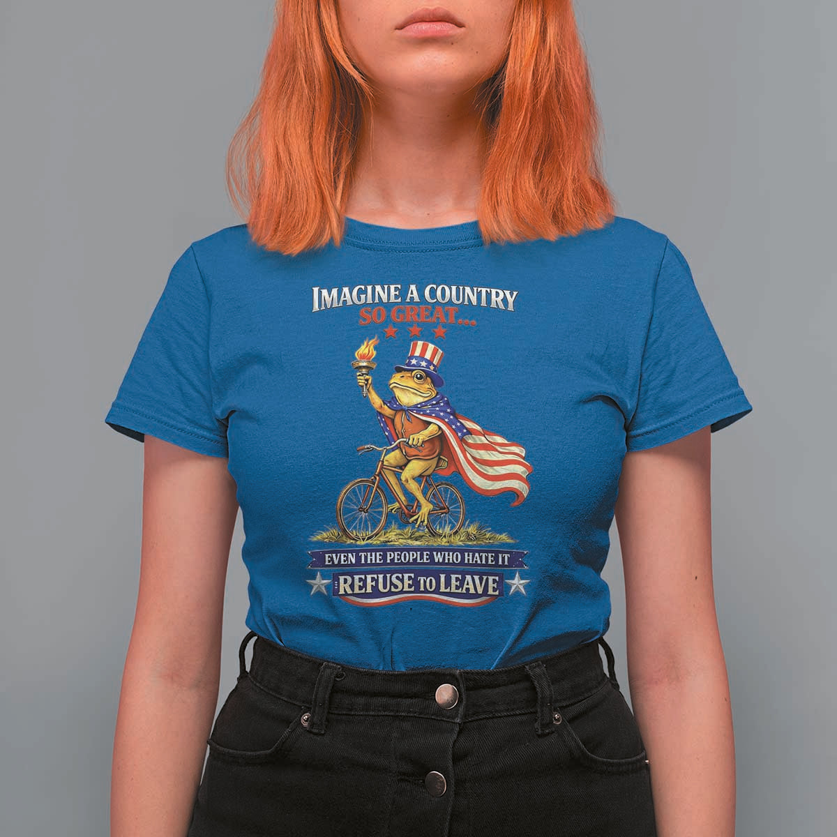 Proud American Humor Patriotic Frog On Bicycle Graphic T Shirt For Women Imagine A Country So Great Pride