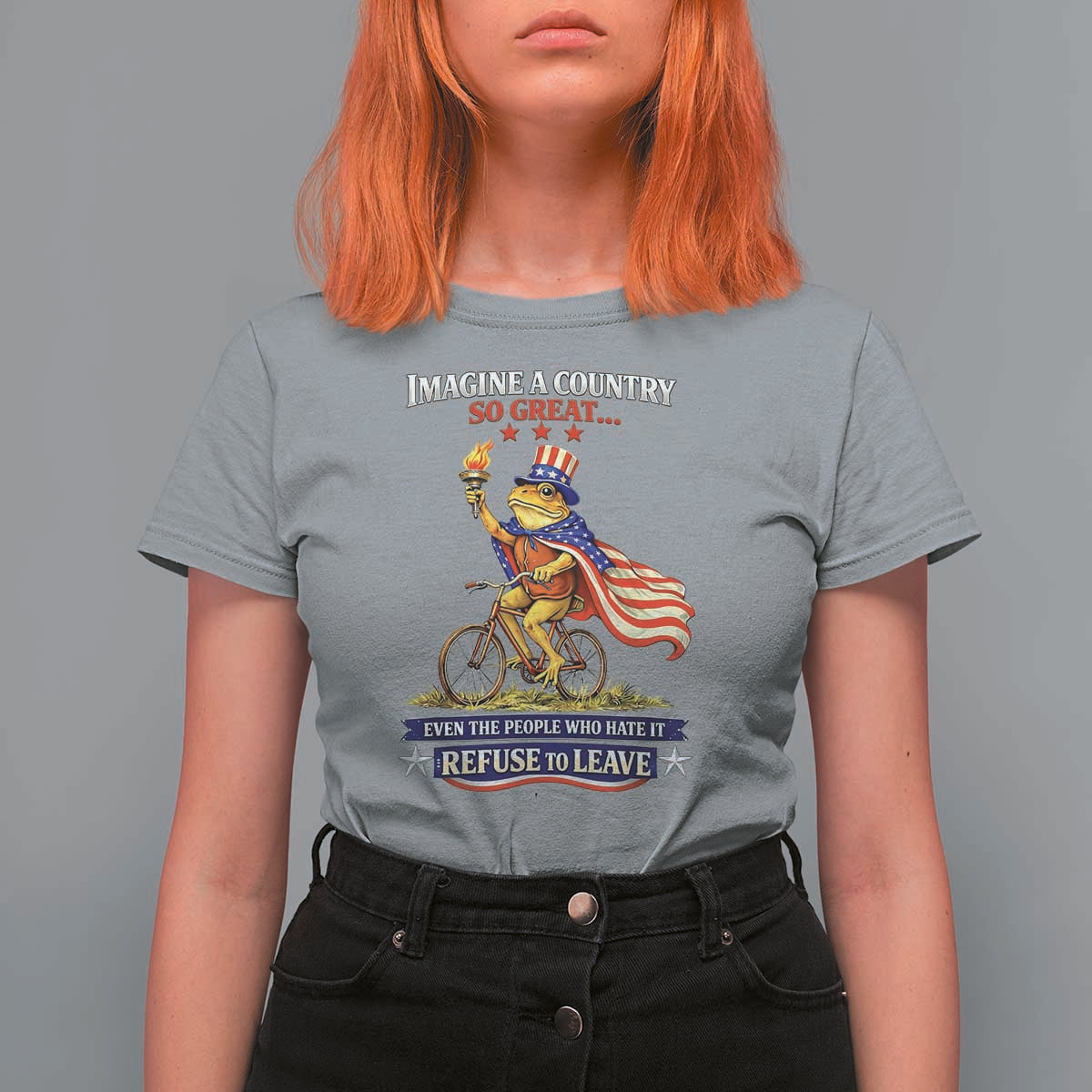 Proud American Humor Patriotic Frog On Bicycle Graphic T Shirt For Women Imagine A Country So Great Pride