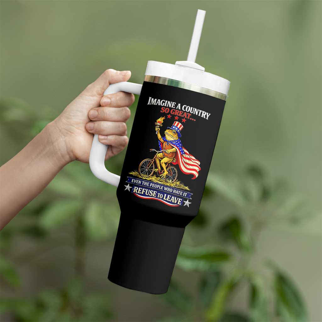 Proud American Humor Patriotic Frog On Bicycle Graphic Tumbler With Handle Imagine A Country So Great Pride