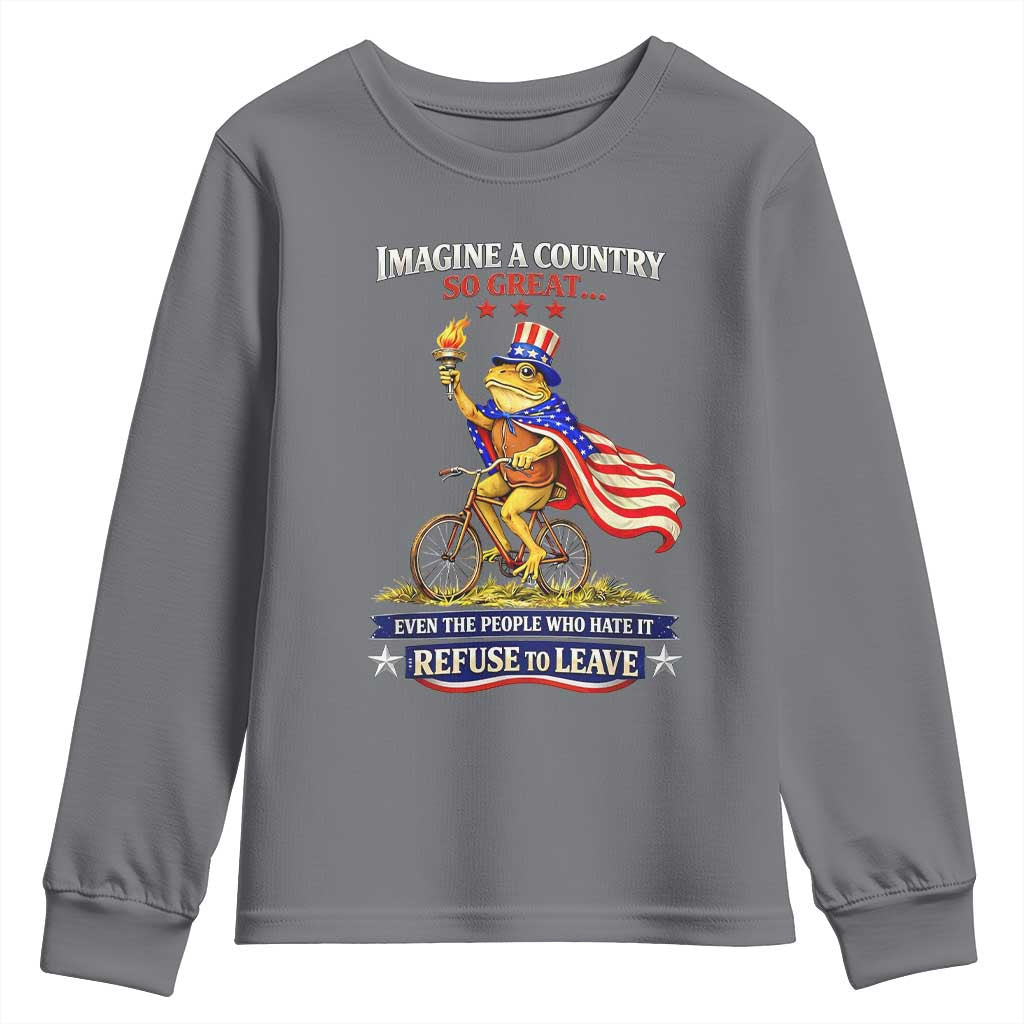 Proud American Humor Patriotic Frog On Bicycle Graphic Youth Sweatshirt Imagine A Country So Great Pride