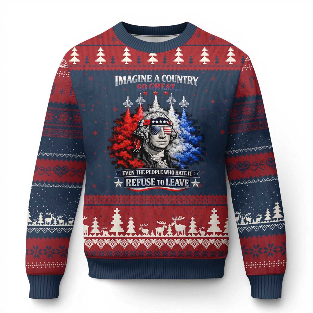 Patriotic George Washington Sunglasses and Fighter Jets Ugly Christmas Sweater Imagine A Country So Great Pride