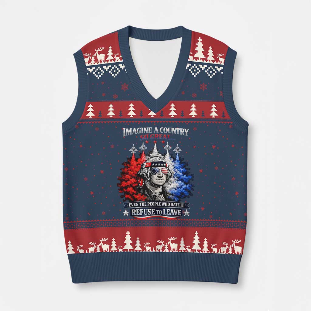 Patriotic George Washington Sunglasses and Fighter Jets V-Neck Knit Sweater Vest Imagine A Country So Great Pride