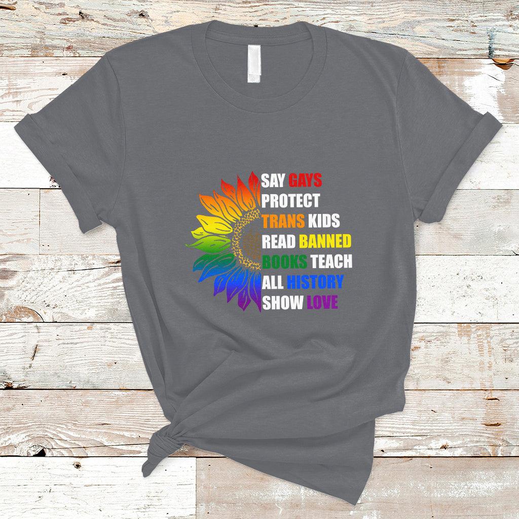 Retro Groovy T Shirt Say Gay Protect Trans Kids Read Banned Books Teach History - Wonder Print Shop