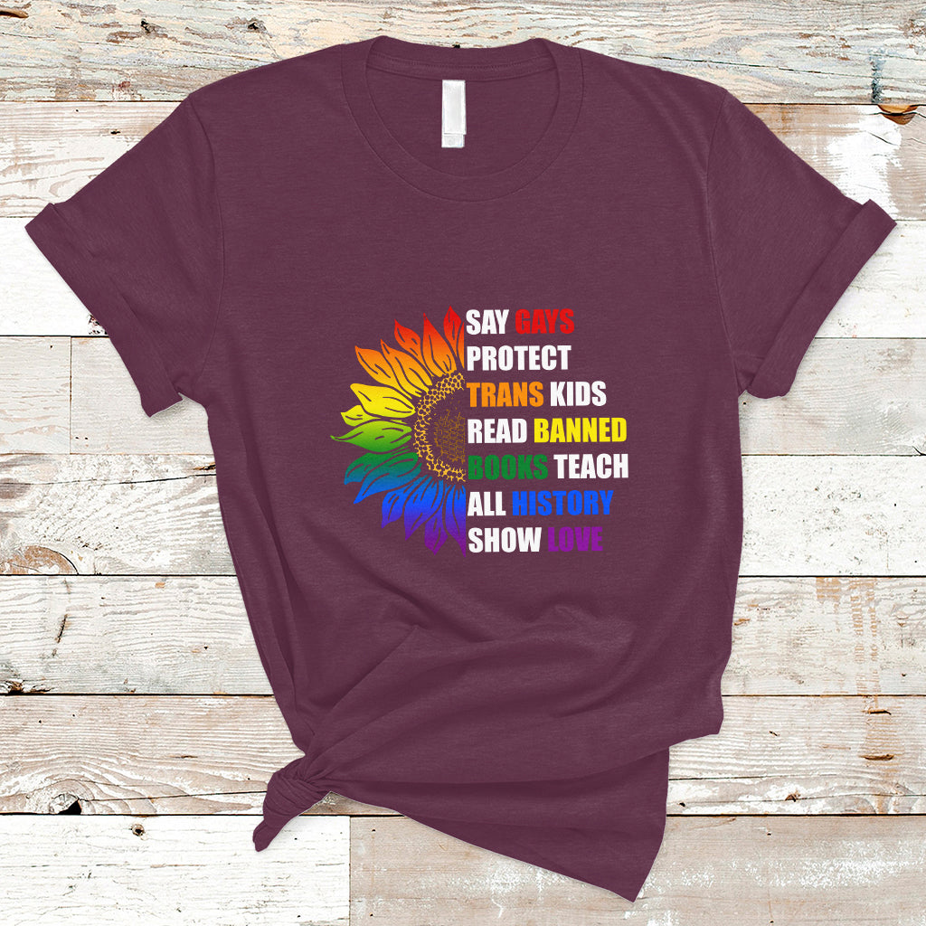 Retro Groovy T Shirt Say Gay Protect Trans Kids Read Banned Books Teach History - Wonder Print Shop
