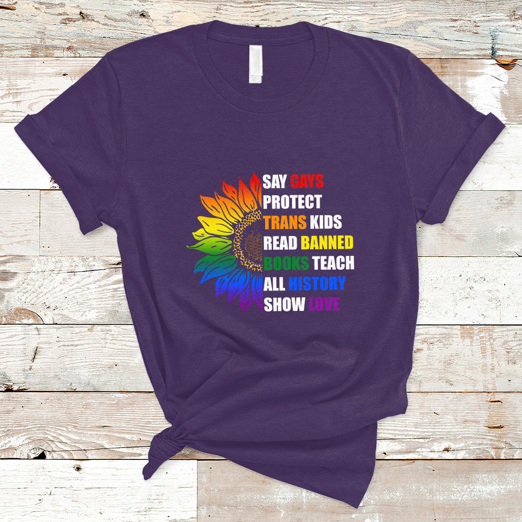 Retro Groovy T Shirt Say Gay Protect Trans Kids Read Banned Books Teach History - Wonder Print Shop