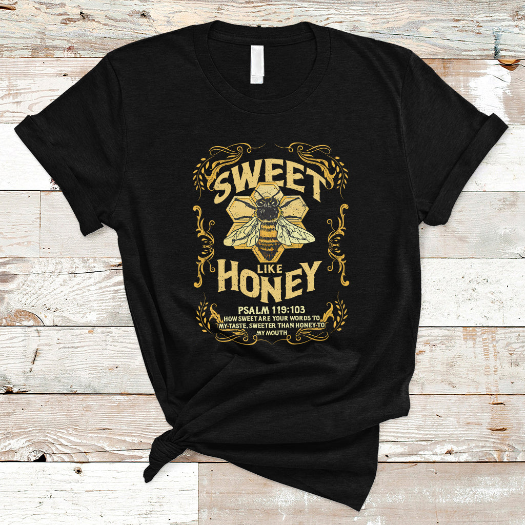 Bible Verse T Shirt Vintage Retro Sweet Like Honey Psalm 119:103 Christian Faith Bible Verse Words of Wisdom Honeycomb Honey Bee Botanical T-Shirt for Women - Wonder Print Shop