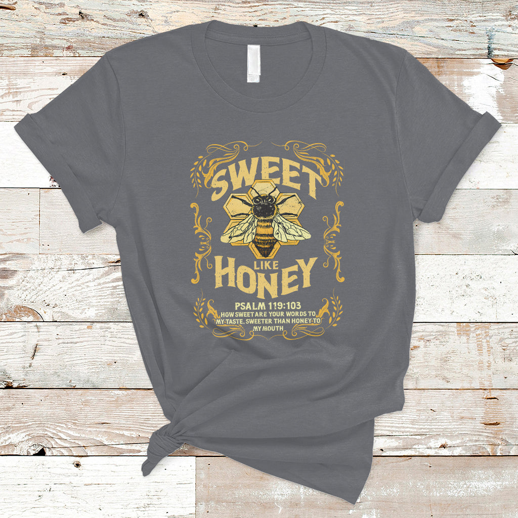 Bible Verse T Shirt Vintage Retro Sweet Like Honey Psalm 119:103 Christian Faith Bible Verse Words of Wisdom Honeycomb Honey Bee Botanical T-Shirt for Women - Wonder Print Shop