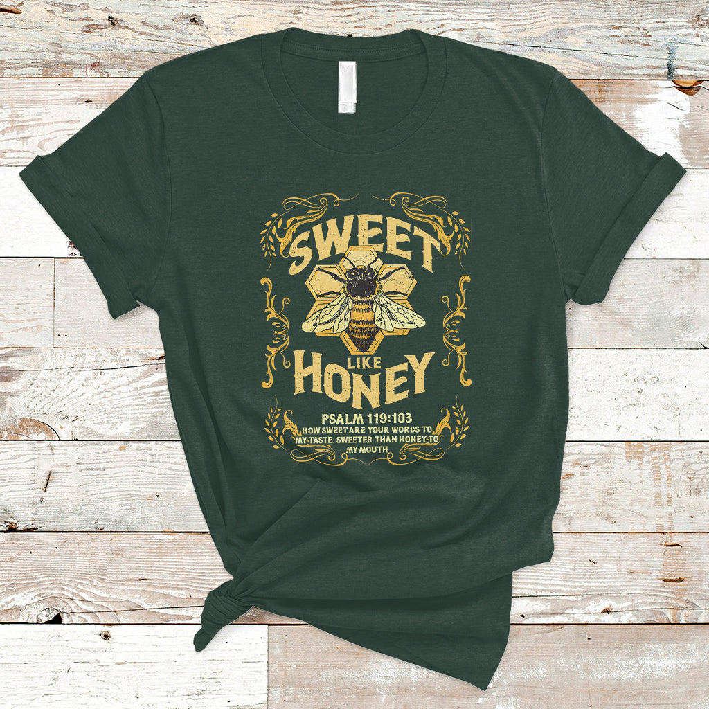 Bible Verse T Shirt Vintage Retro Sweet Like Honey Psalm 119:103 Christian Faith Bible Verse Words of Wisdom Honeycomb Honey Bee Botanical T-Shirt for Women - Wonder Print Shop