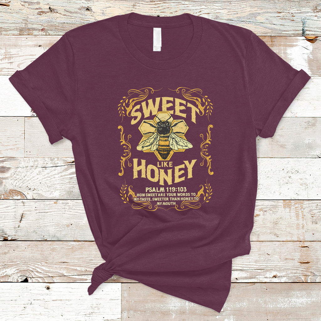 Bible Verse T Shirt Vintage Retro Sweet Like Honey Psalm 119:103 Christian Faith Bible Verse Words of Wisdom Honeycomb Honey Bee Botanical T-Shirt for Women - Wonder Print Shop