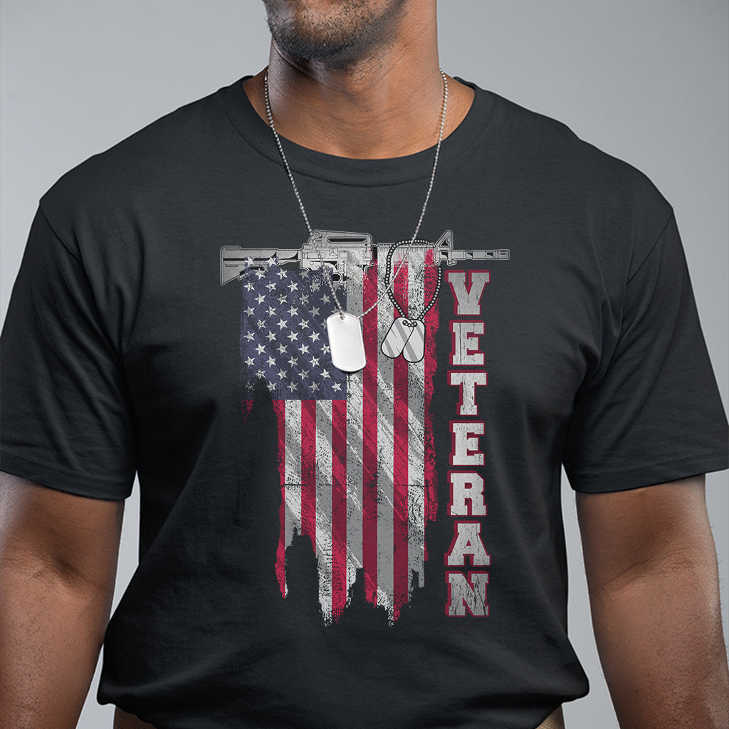 American Veteran T Shirt US Flag With Rifle And Dog Tags - Wonder Print Shop
