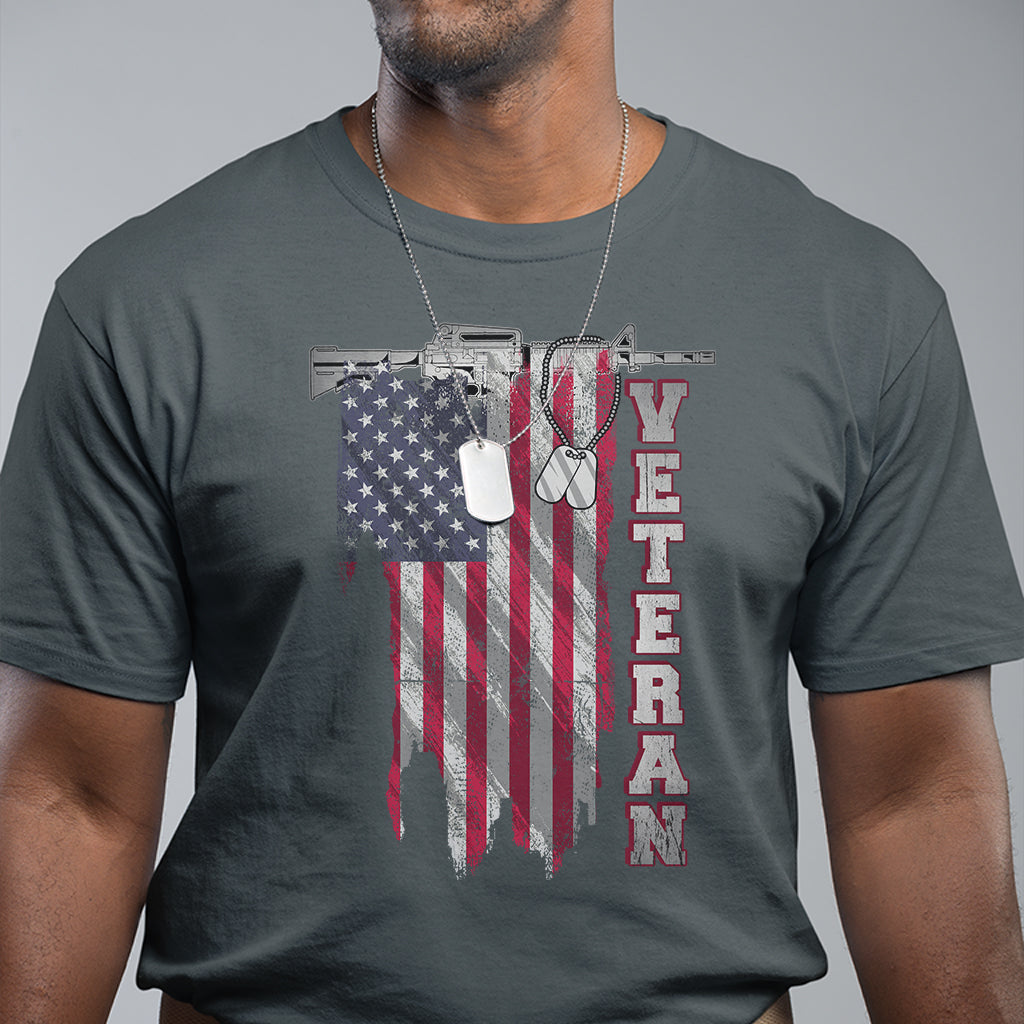 American Veteran T Shirt US Flag With Rifle And Dog Tags - Wonder Print Shop