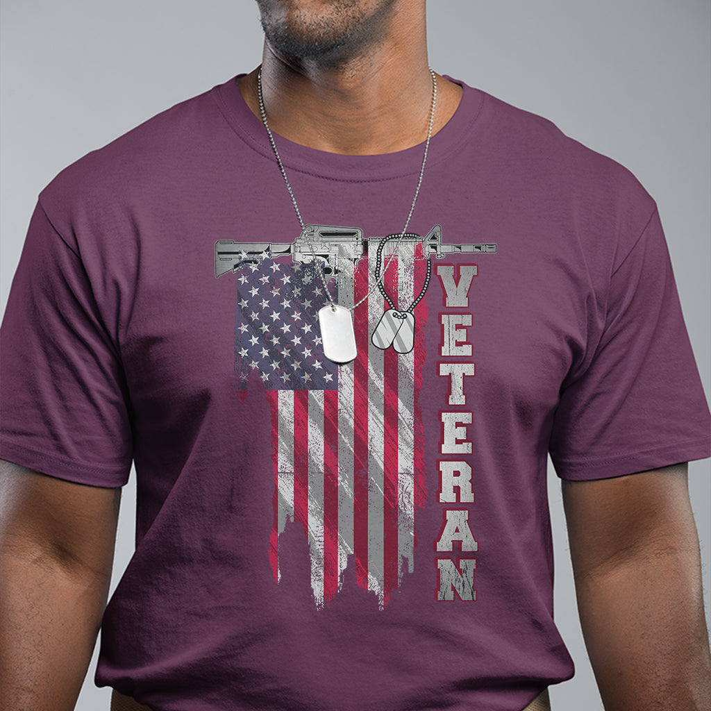American Veteran T Shirt US Flag With Rifle And Dog Tags - Wonder Print Shop