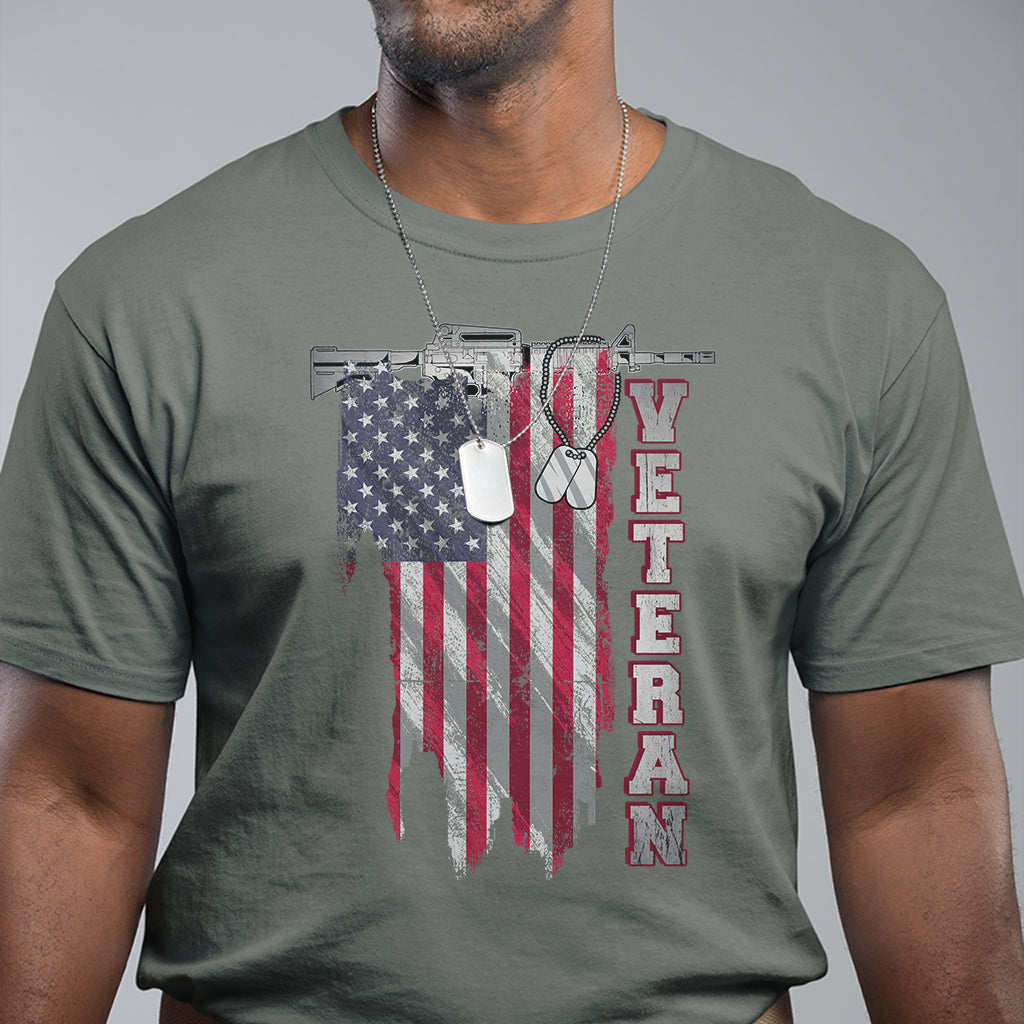 American Veteran T Shirt US Flag With Rifle And Dog Tags - Wonder Print Shop