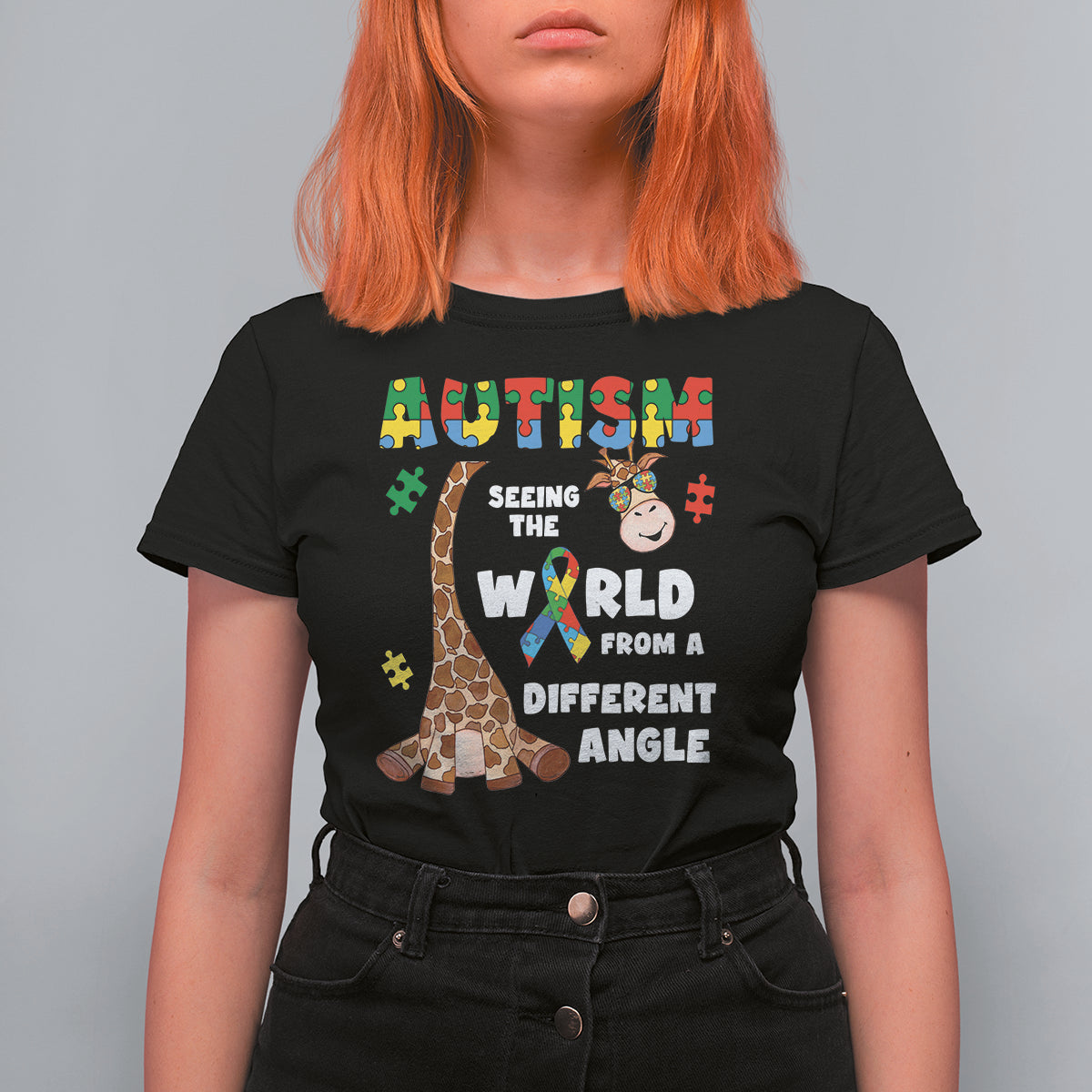 Autism Giraffe T Shirt For Women Seeing The World From A Different Angle Puzzle Pieces - Wonder Print Shop