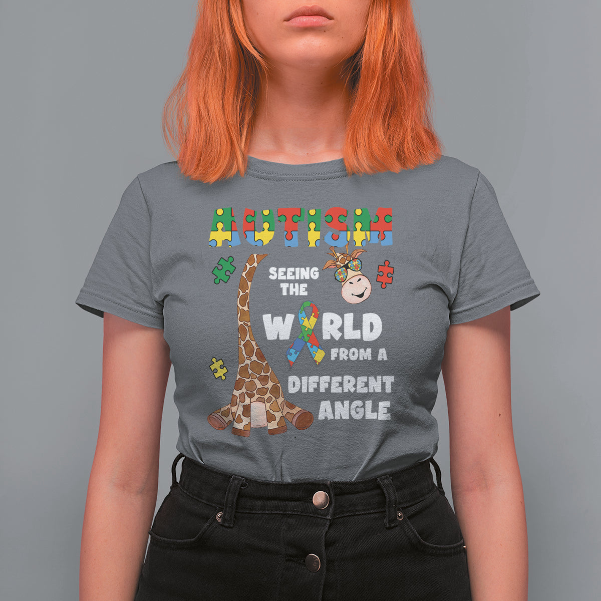 Autism Giraffe T Shirt For Women Seeing The World From A Different Angle Puzzle Pieces - Wonder Print Shop