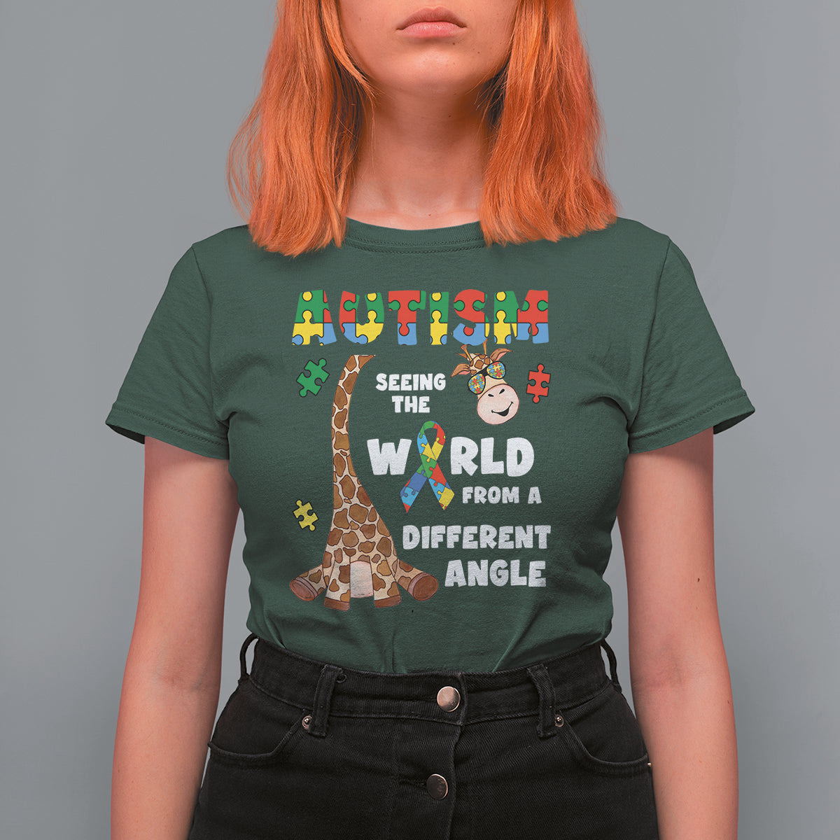 Autism Giraffe T Shirt For Women Seeing The World From A Different Angle Puzzle Pieces - Wonder Print Shop