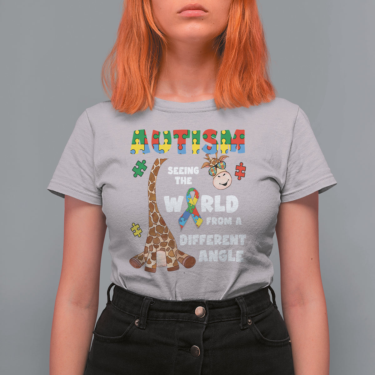 Autism Giraffe T Shirt For Women Seeing The World From A Different Angle Puzzle Pieces - Wonder Print Shop