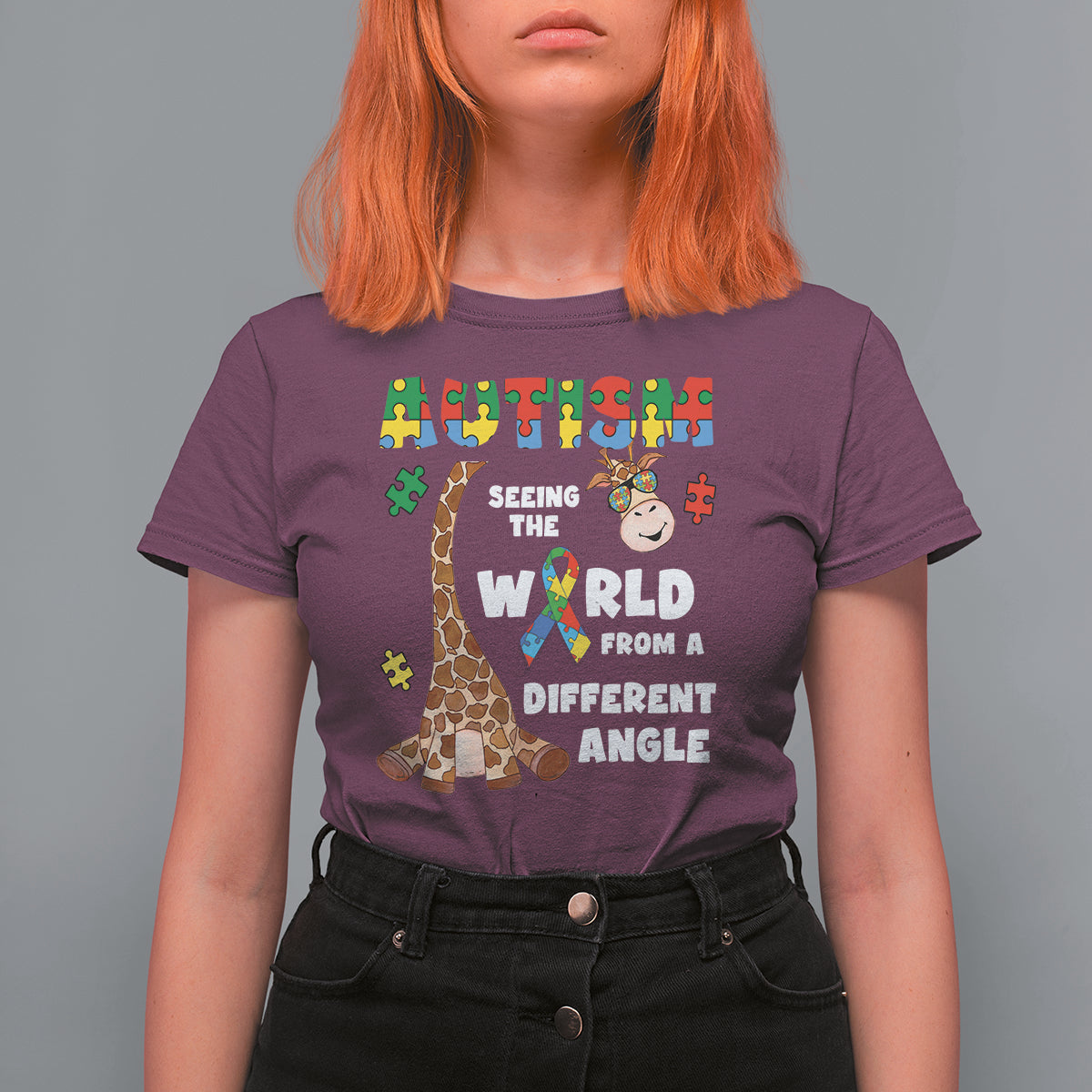 Autism Giraffe T Shirt For Women Seeing The World From A Different Angle Puzzle Pieces - Wonder Print Shop