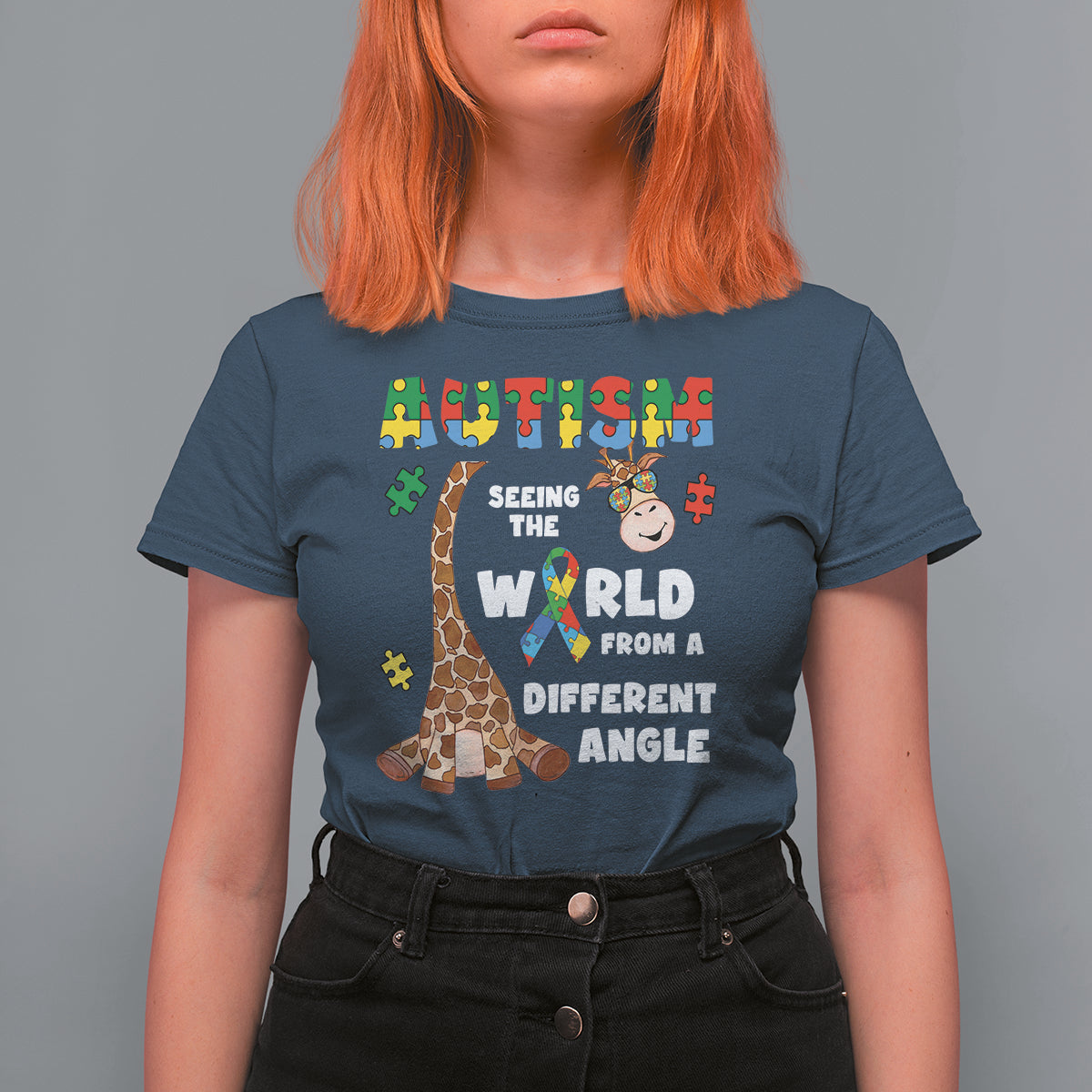 Autism Giraffe T Shirt For Women Seeing The World From A Different Angle Puzzle Pieces - Wonder Print Shop