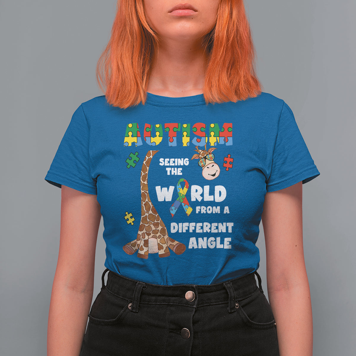 Autism Giraffe T Shirt For Women Seeing The World From A Different Angle Puzzle Pieces - Wonder Print Shop