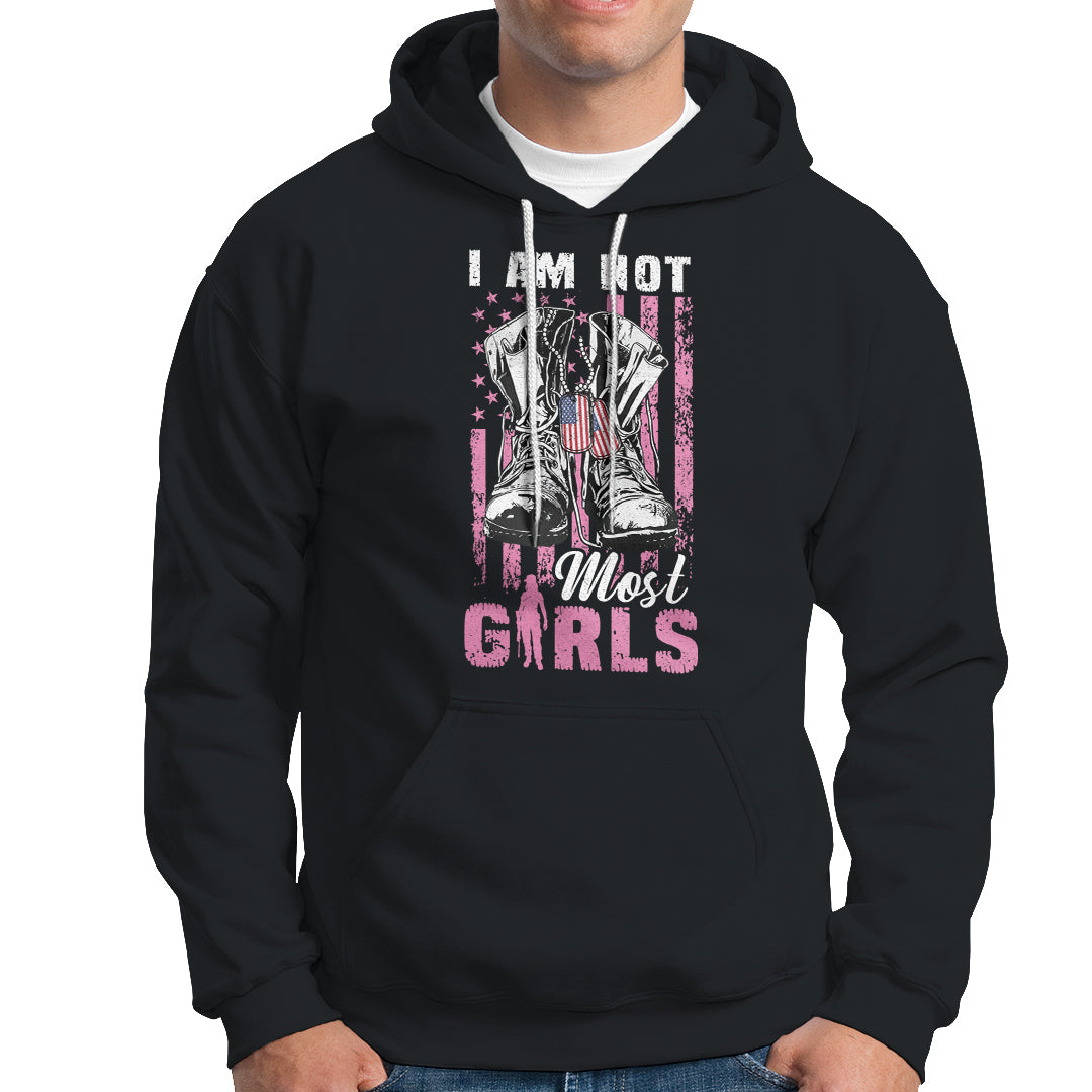 Female Veteran Hoodie I Am Not Most Girls American Flag Combat Boots And Dog Tags - Wonder Print Shop