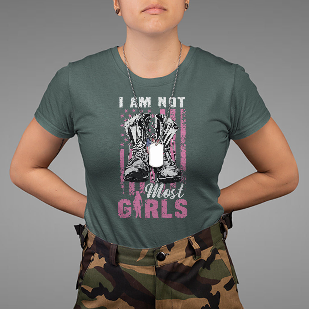 Female Veteran T Shirt I Am Not Most Girls American Flag Combat Boots And Dog Tags - Wonder Print Shop