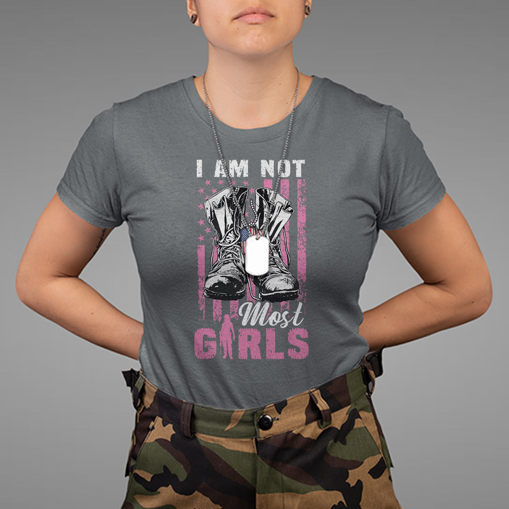 Female Veteran T Shirt I Am Not Most Girls American Flag Combat Boots And Dog Tags - Wonder Print Shop