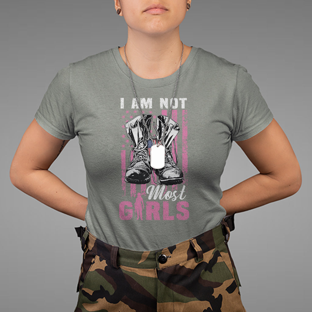 Female Veteran T Shirt I Am Not Most Girls American Flag Combat Boots And Dog Tags - Wonder Print Shop