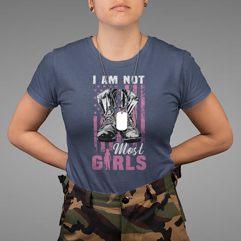 Female Veteran T Shirt I Am Not Most Girls American Flag Combat Boots And Dog Tags - Wonder Print Shop