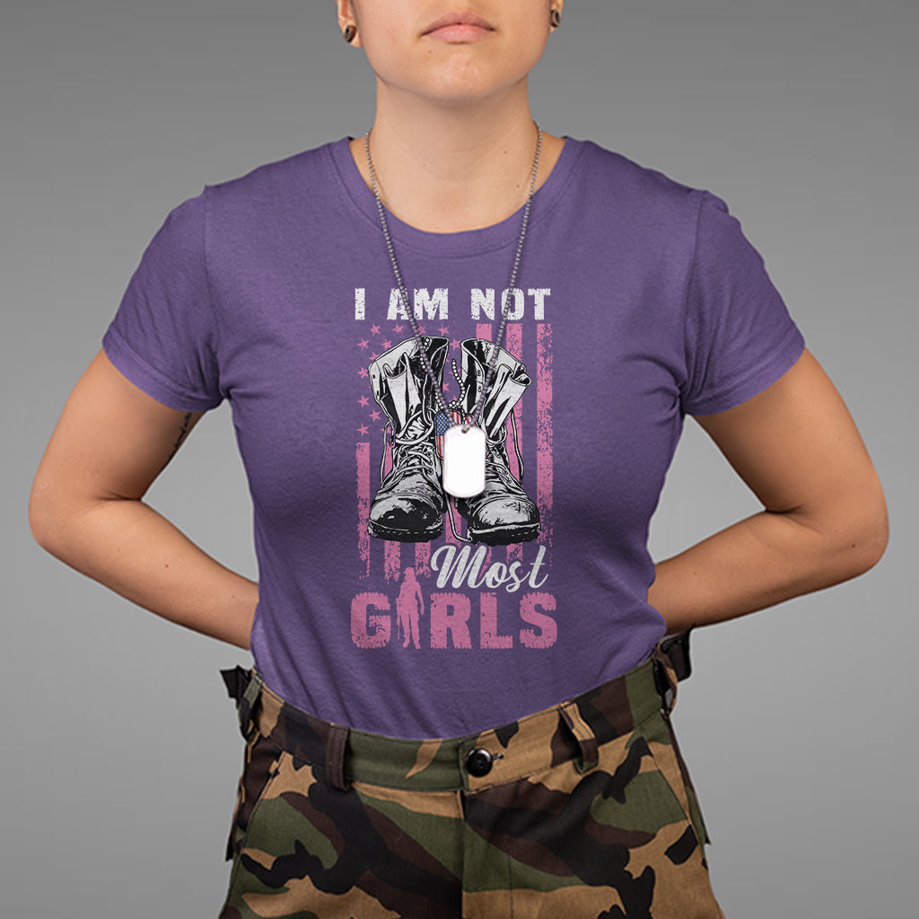 Female Veteran T Shirt I Am Not Most Girls American Flag Combat Boots And Dog Tags - Wonder Print Shop