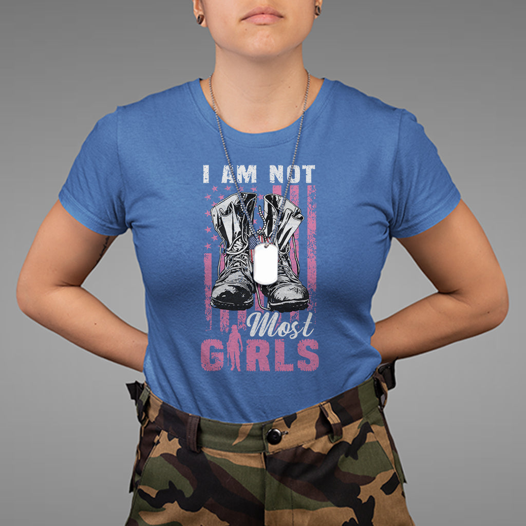 Female Veteran T Shirt I Am Not Most Girls American Flag Combat Boots And Dog Tags - Wonder Print Shop