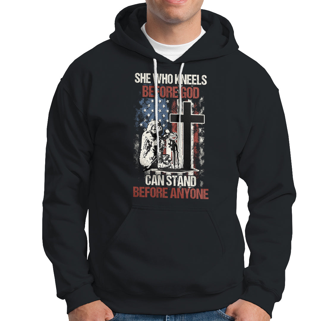 Female Veteran Hoodie She Who Kneels Before God Can Stand Before Anyone Strong Women - Wonder Print Shop
