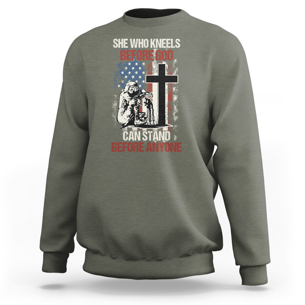Female Veteran Sweatshirt She Who Kneels Before God Can Stand Before Anyone Strong Women - Wonder Print Shop