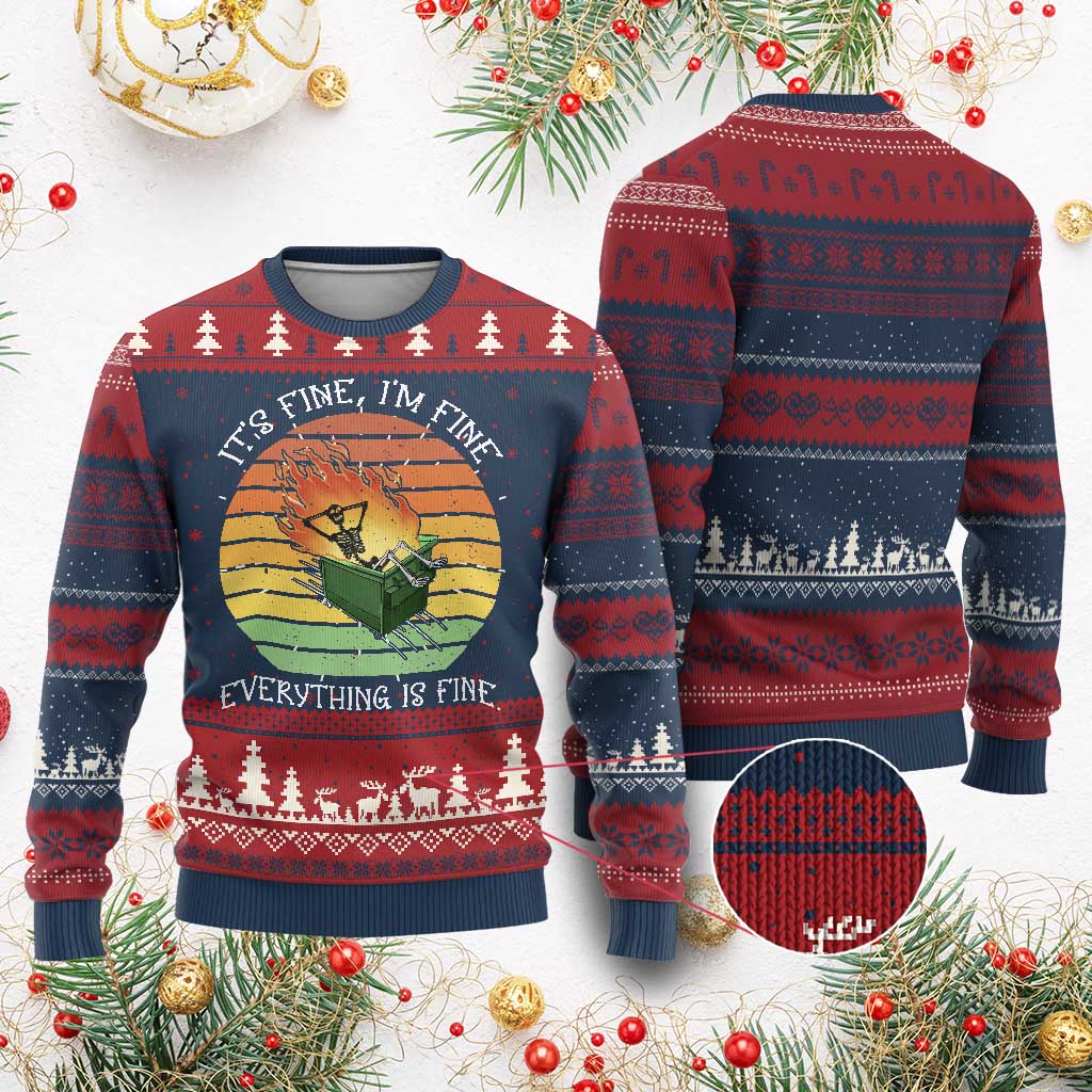 Dumpster Fire Skeleton Ugly Christmas Sweater It's Fine I'm Fine Everything Is Fine - Wonder Print Shop