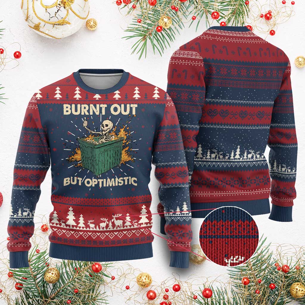 Funny Dumpster Fire Skeleton Ugly Christmas Sweater Burn Out But Optimistic - Wonder Print Shop